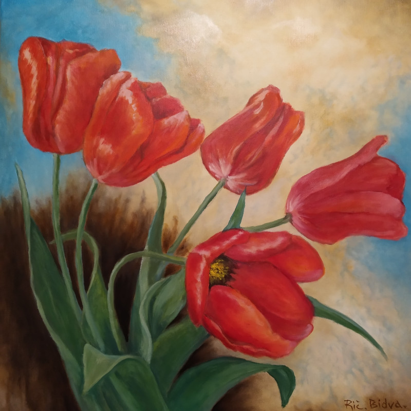 Ričardas Bidva tapytas paveikslas Tulpių žiedai, Gėlės , paveikslai internetu