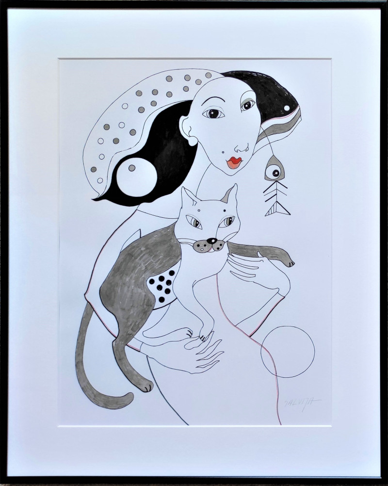 Salvija Zakienė tapytas paveikslas Selfis su katinėliu, Moters grožis , paveikslai internetu