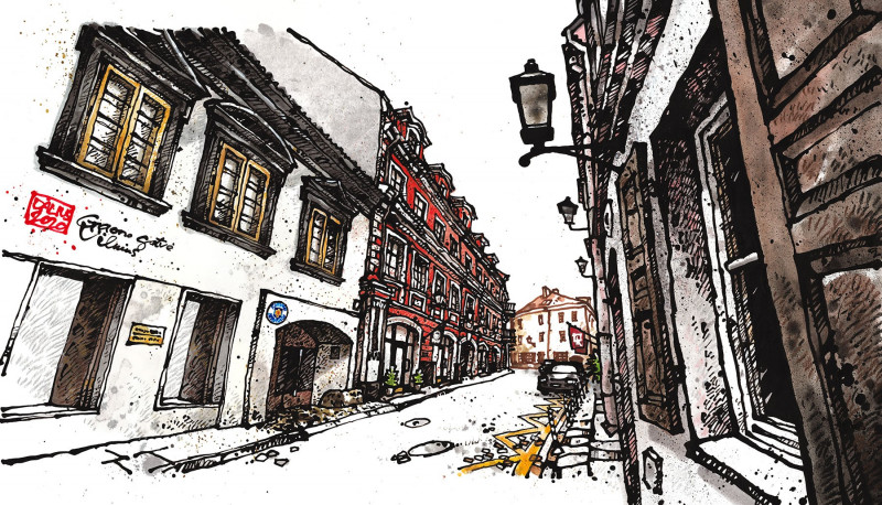 Vilnius No. 05, Gaono Street original painting by Dalius Regelskis. Urbanistic - Cityscape