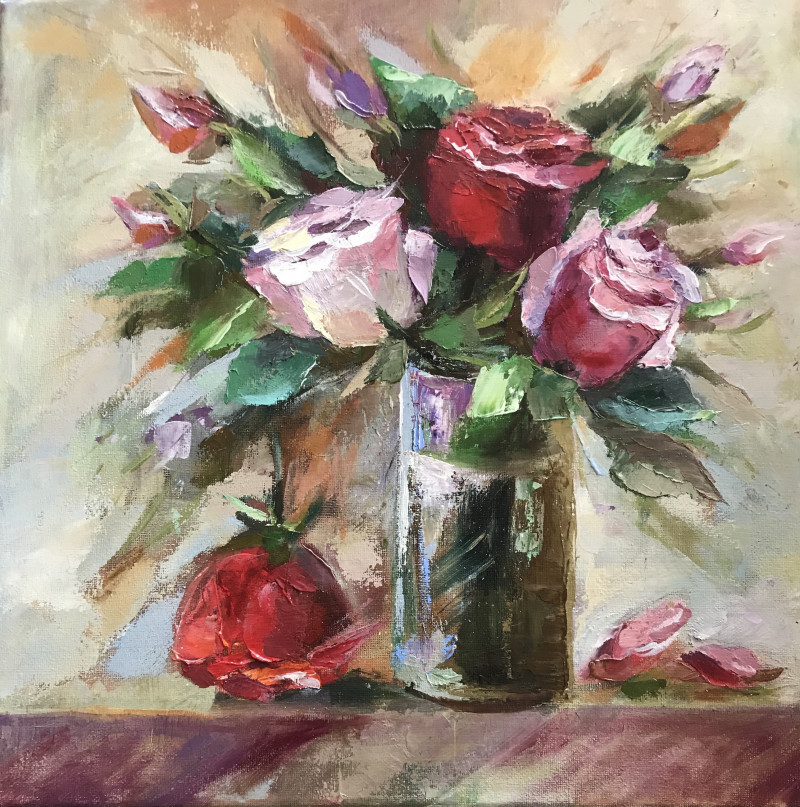 Birutė Bernotienė-Vall tapytas paveikslas Šiltos rožės, Gėlės , paveikslai internetu