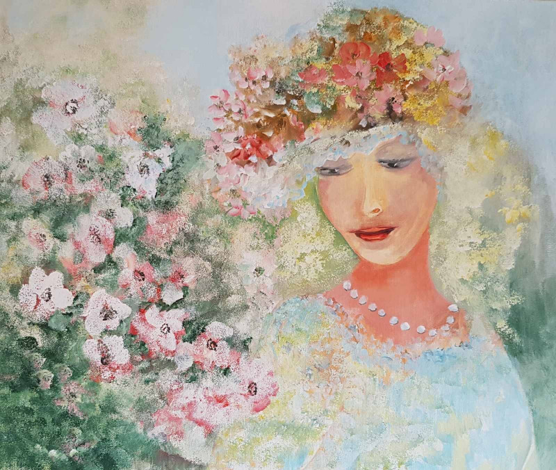 Birutė Butkienė tapytas paveikslas Tarp žiedų, Gėlės , paveikslai internetu
