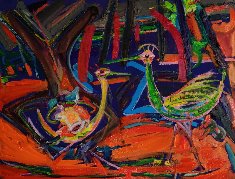 Arvydas Martinaitis tapytas paveikslas Kompozicija su paukščiais ir žmogumi, Meno kolekcionieriams , paveikslai internetu