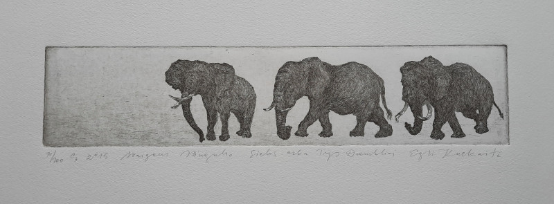 Souls of Fresh Stingrays or Three Elephants original painting by Eglė Kuckaitė. Graphics and printing