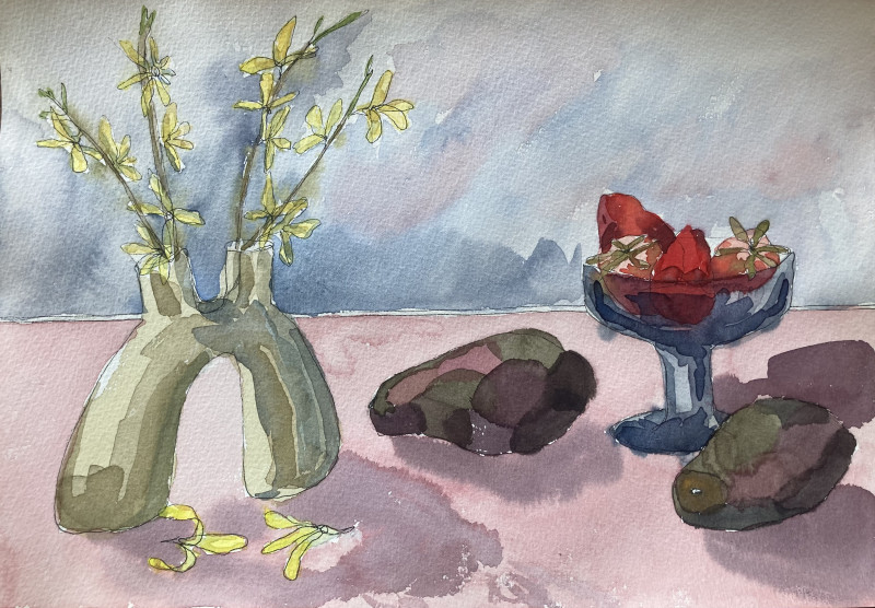 Strawberries and Avocados original painting by Gabrielė Prišmantaitė. Still Life For Kitchen