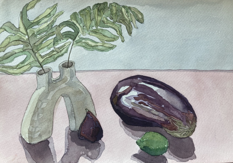 Fig, Eggplant and Lemon original painting by Gabrielė Prišmantaitė. Still Life For Kitchen