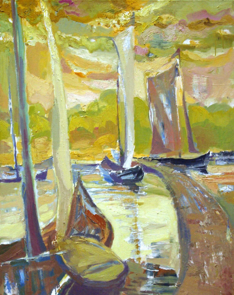 Nida Dock original painting by Saulius Kruopis. Marine Art