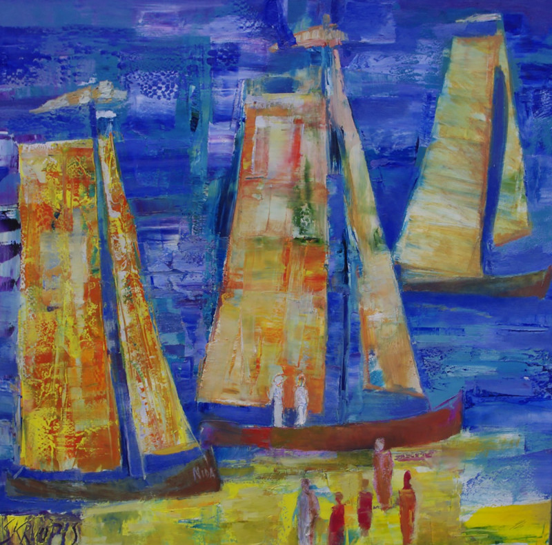 Sailboats by the Shore original painting by Saulius Kruopis. Marine Art