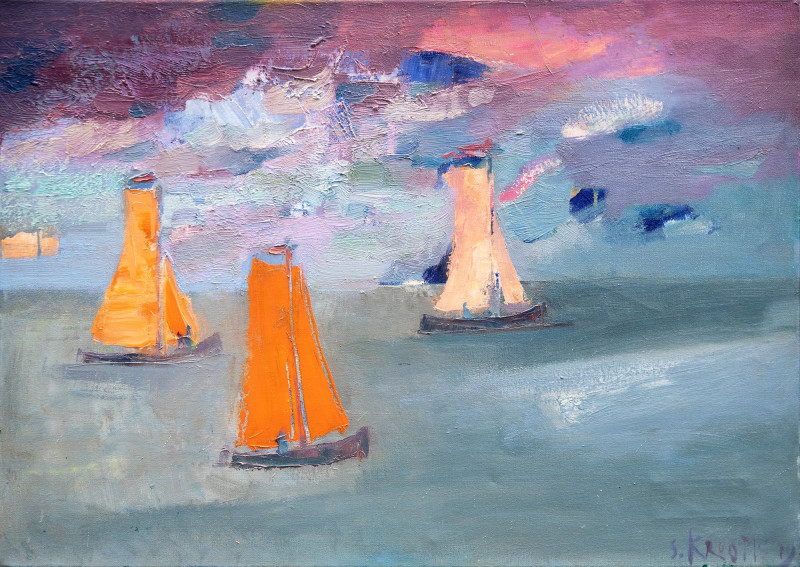 Ships in the Curonian Lagoon original painting by Saulius Kruopis. Marine Art