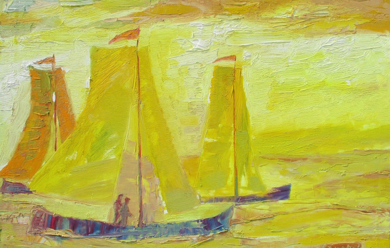 Nida Fishing Vessels - Kurėnai original painting by Saulius Kruopis. Marine Art