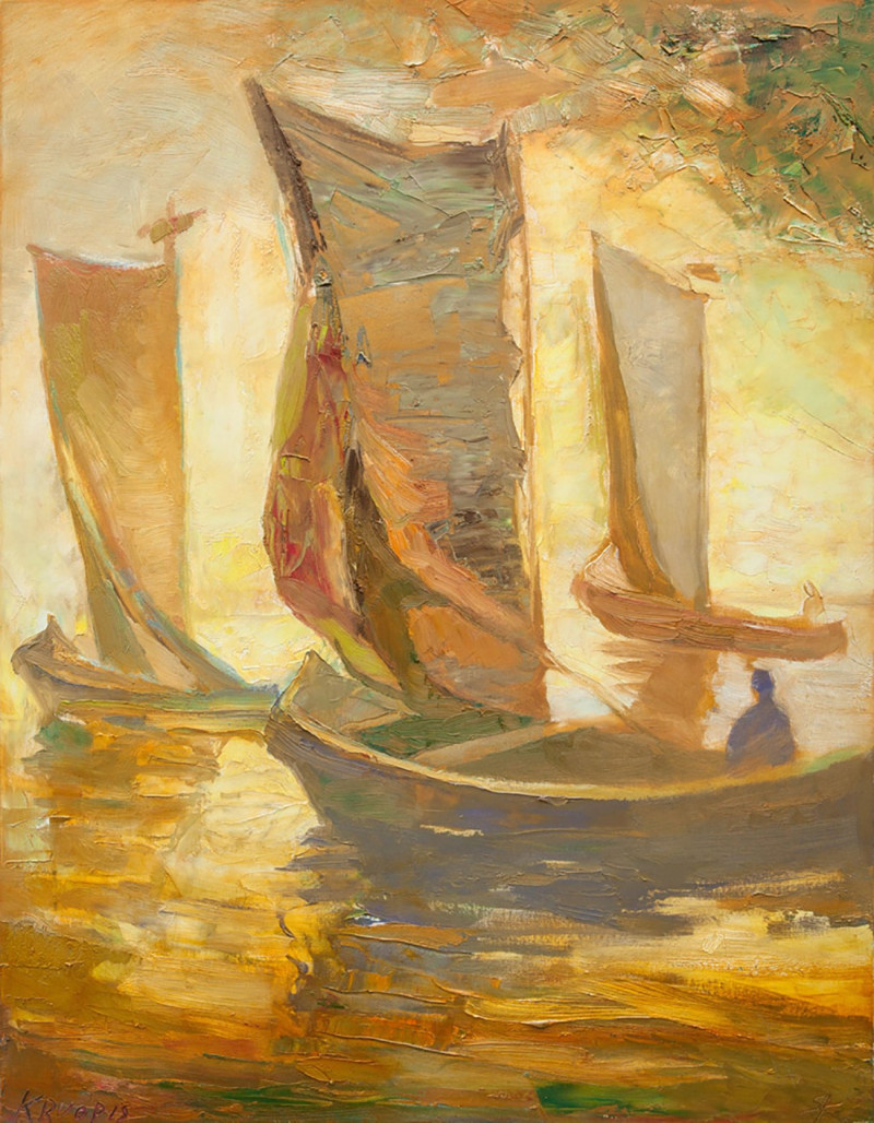 Old Boats of Nida original painting by Saulius Kruopis. Marine Art