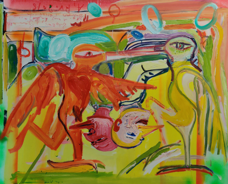 Arvydas Martinaitis tapytas paveikslas Du paukščiai ir galvytės, Meno kolekcionieriams , paveikslai internetu