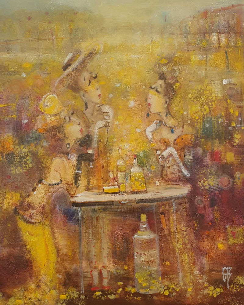 Genutė Burbaitė tapytas paveikslas Pienių vynas, Tapyba su žmonėmis , paveikslai internetu