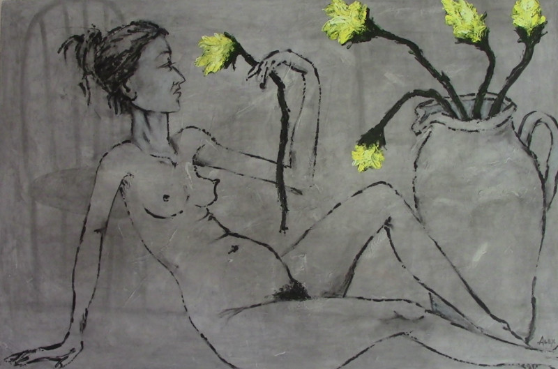 Act of Yellow Flowers original painting by Vidas Alex. Nude