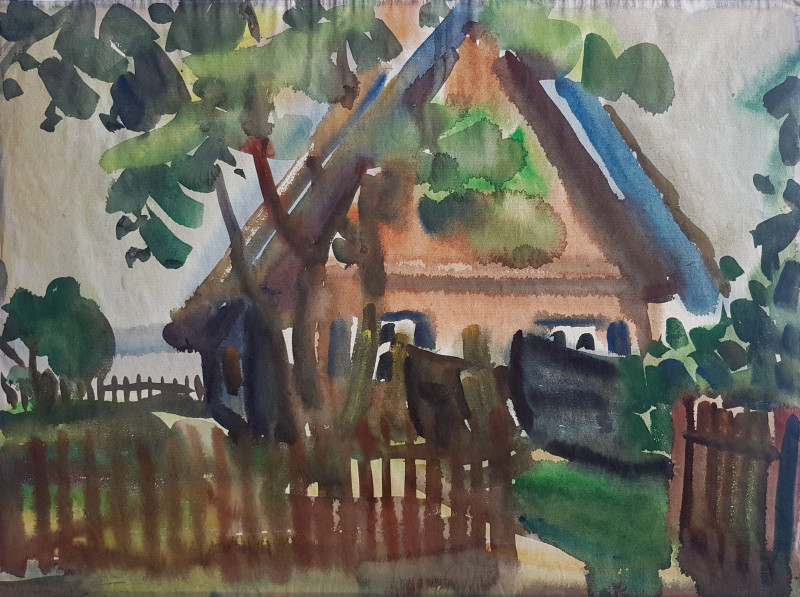 Fisherman's homestead. Nida original painting by Kazys Abramavičius. Calm paintings