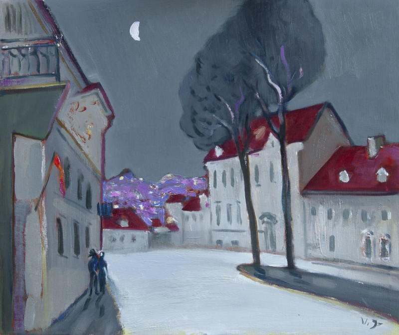 City in a Moonlight original painting by Vidmantas Jažauskas. Urbanistic - Cityscape