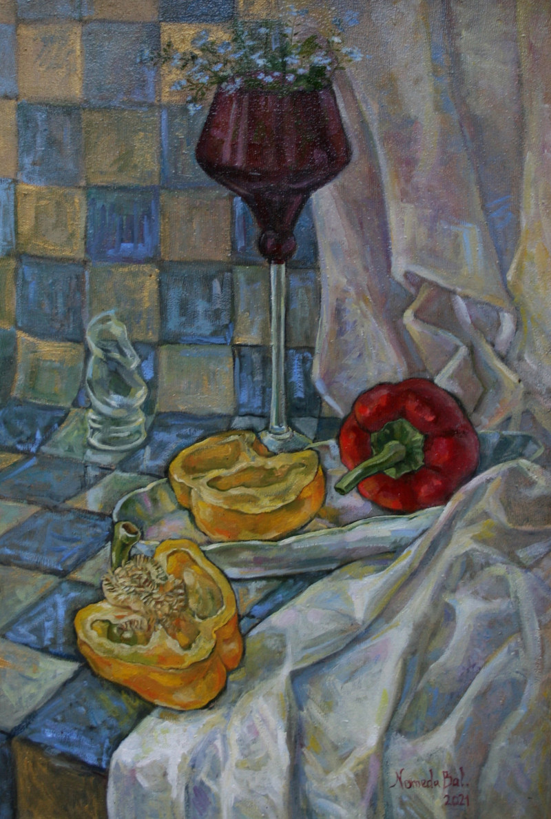 Nomeda Balasevičiūtė tapytas paveikslas Geltonos paprikos, Natiurmortas virtuvei , paveikslai internetu