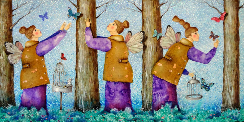 Lina Alchimavičienė tapytas paveikslas Miško angelai, Fantastiniai paveikslai , paveikslai internetu