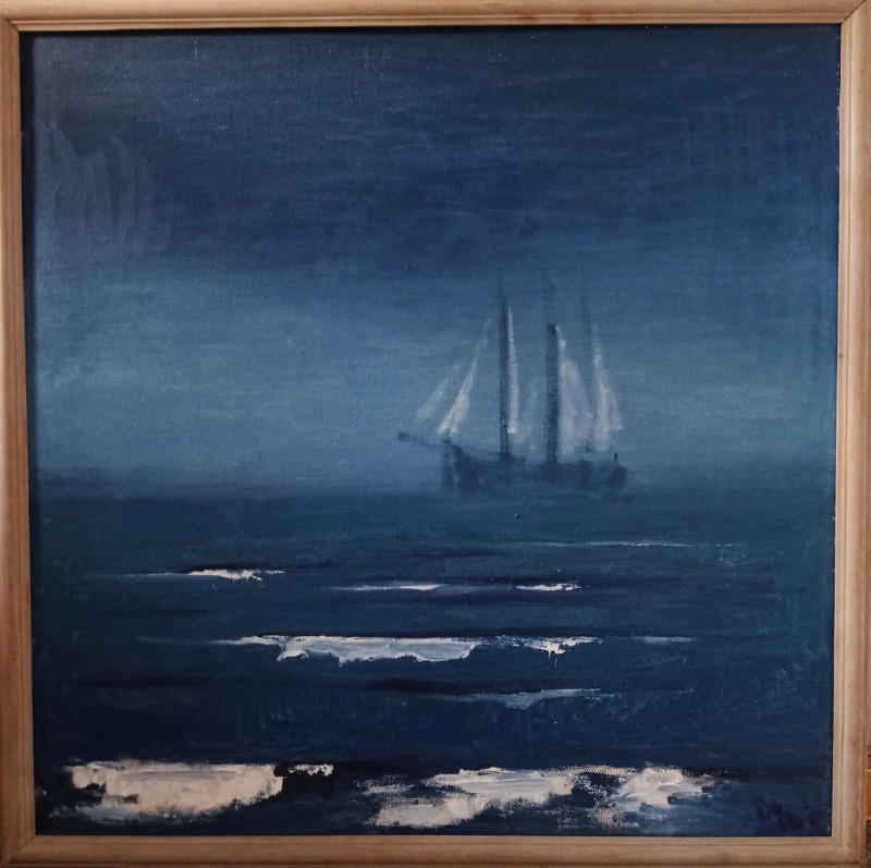 Sea, Fog, Ship original painting by Romanas Borisovas. Marine Art