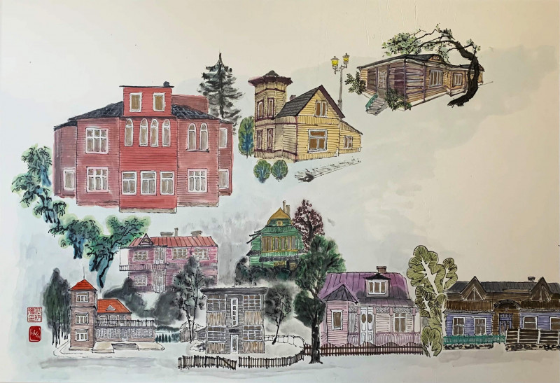 Wooden villas of Kaunas original painting by Ina Savickienė. Urbanistic - Cityscape