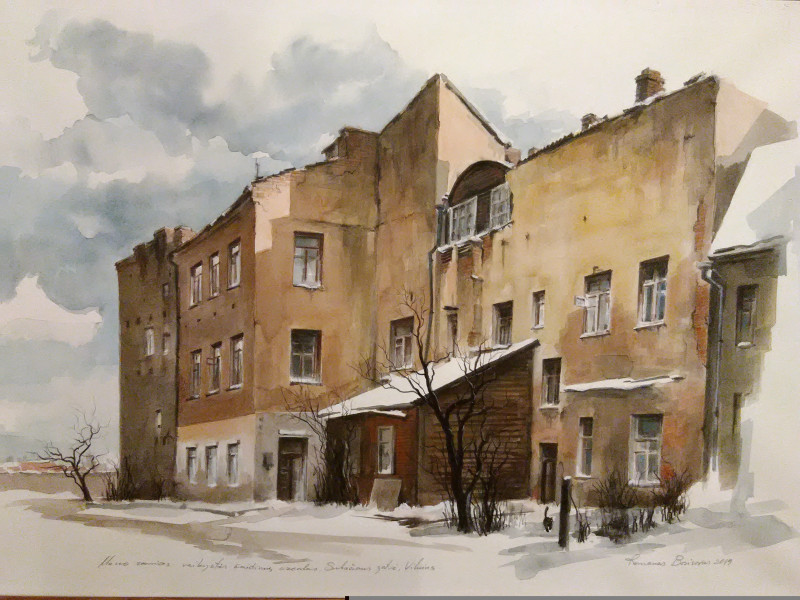 Subaciaus Street original painting by Romanas Borisovas. Urbanistic - Cityscape
