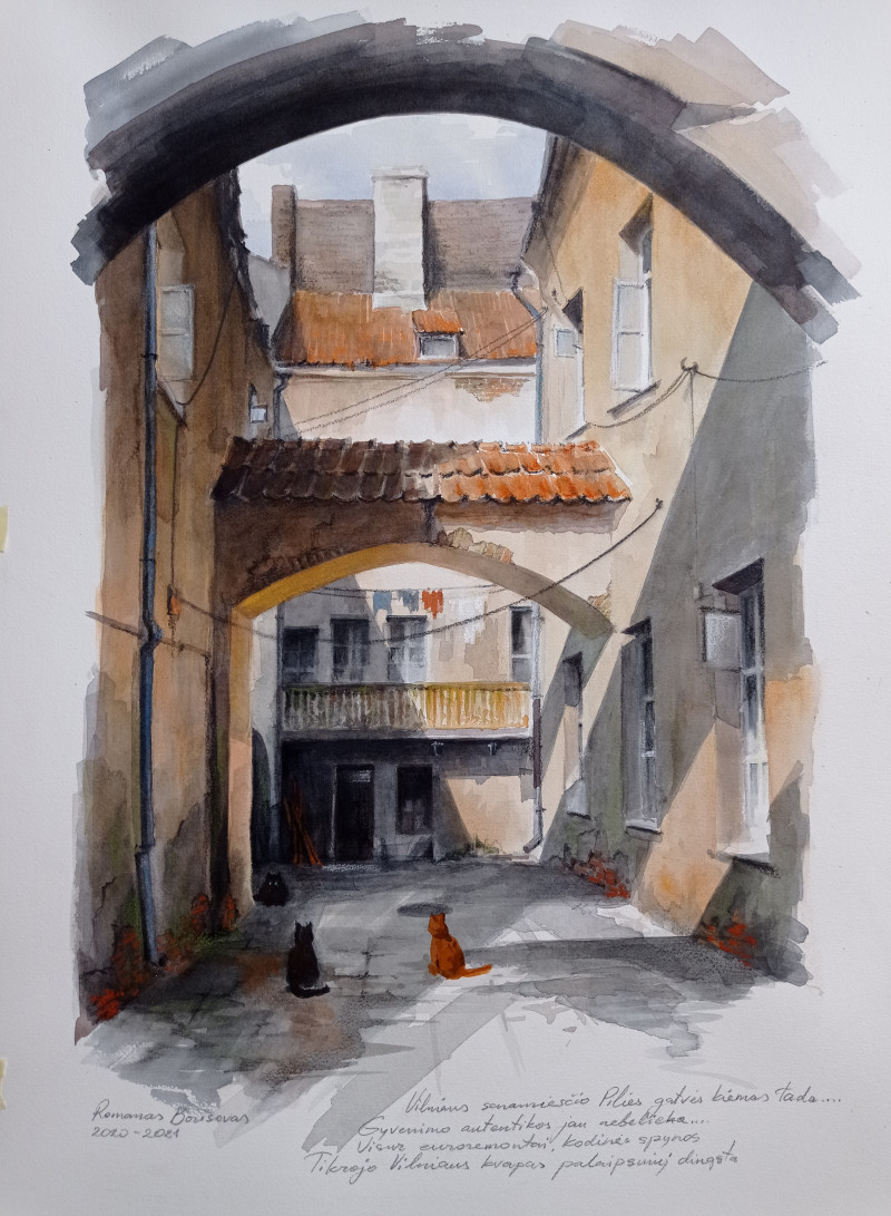 Yard of Pilies Street original painting by Romanas Borisovas. Urbanistic - Cityscape