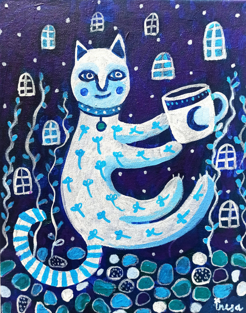 Night Cat original painting by Inesa Gervė. Animalistic Paintings