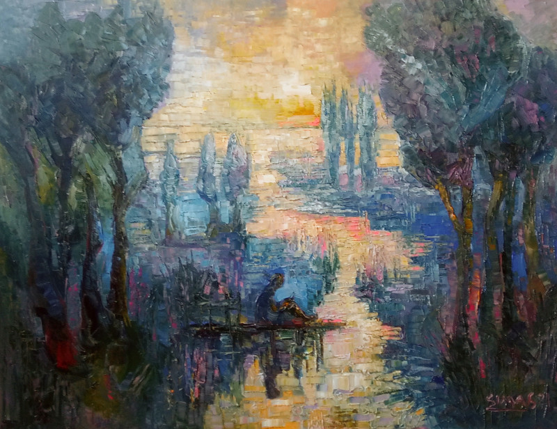 Simonas Gutauskas tapytas paveikslas Šešėliai-atspindžiai. Upė, Peizažai , paveikslai internetu