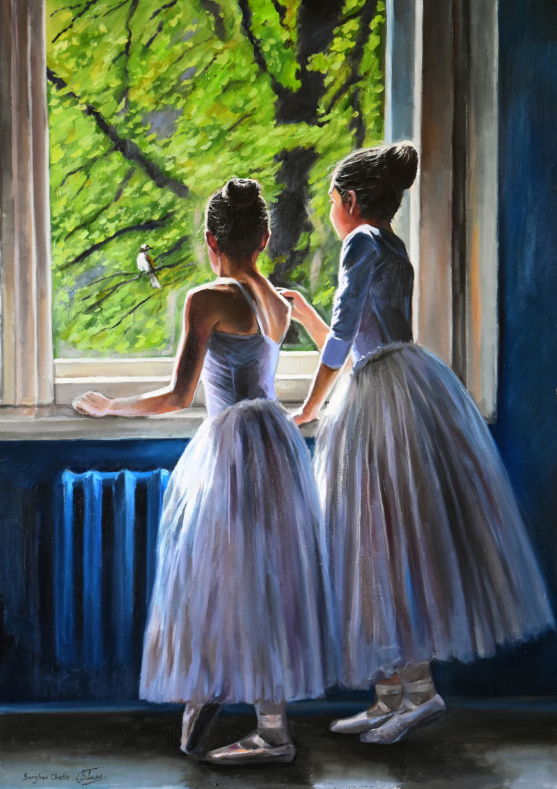 Small ballerinas and a bird original painting by Serghei Ghetiu. Dance And Music