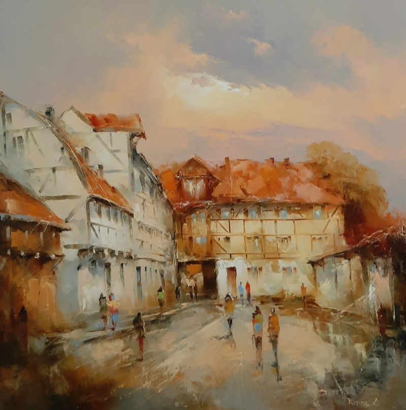 Old town little yard original painting by Rimantas Grigaliūnas. Urbanistic - Cityscape