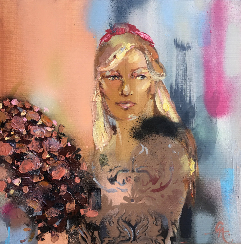 Gražvyda Andrijauskaitė tapytas paveikslas Moteris su gėlėmis, Meno kolekcionieriams , paveikslai internetu