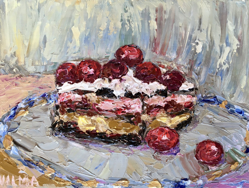 Cherry Cake original painting by Vilma Gataveckienė. Still Life For Kitchen