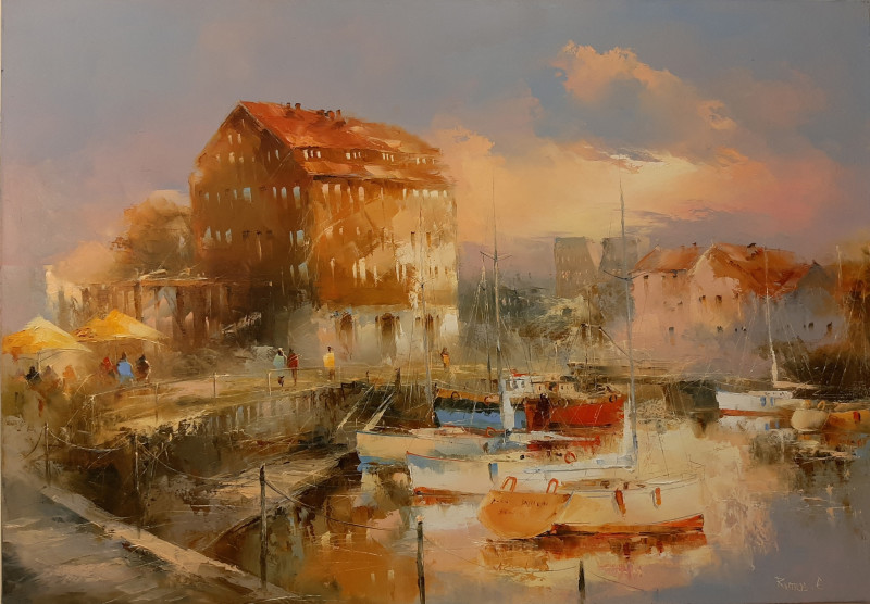 Sailboats in Port original painting by Rimantas Grigaliūnas. Marine Art