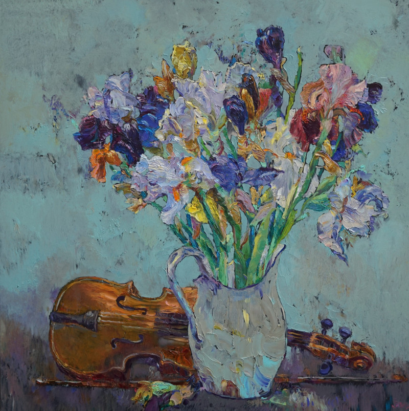 Still Life With Irises And Violin original painting by Šarūnas Šarkauskas. Still-Life