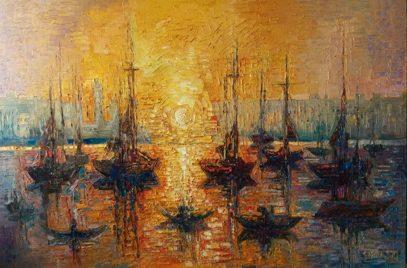 Golden Evening in Port original painting by Simonas Gutauskas. Marine Art