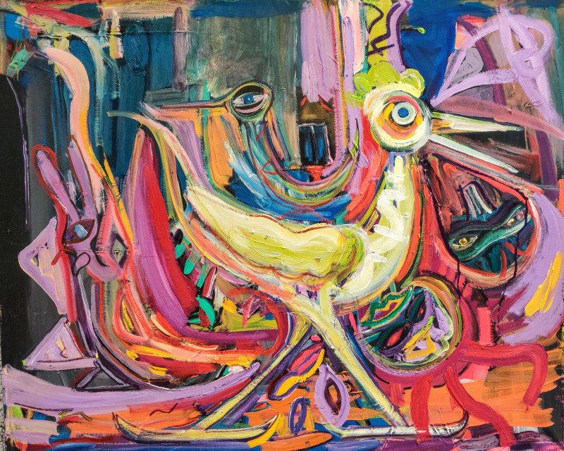 Arvydas Martinaitis tapytas paveikslas Kompozicija su paukščiais ir kaukėm, Meno kolekcionieriams , paveikslai internetu