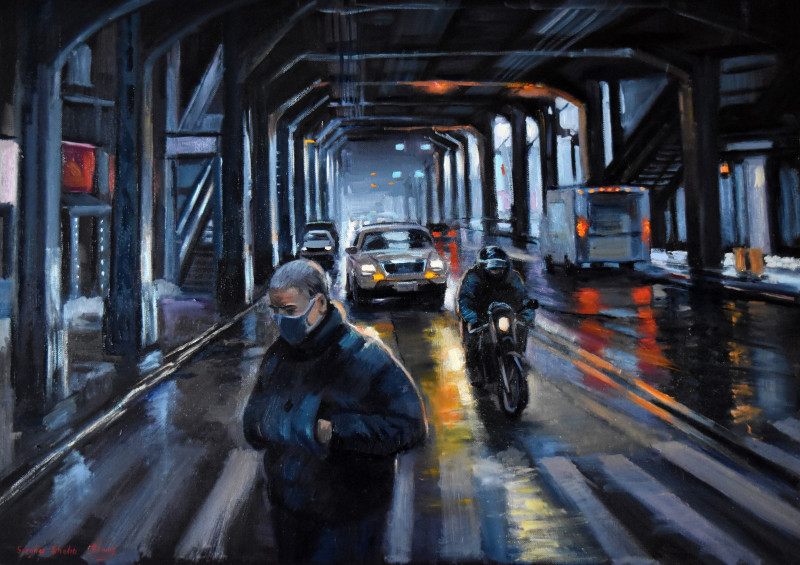 Winter in Brooklyn original painting by Serghei Ghetiu. Urbanistic - Cityscape