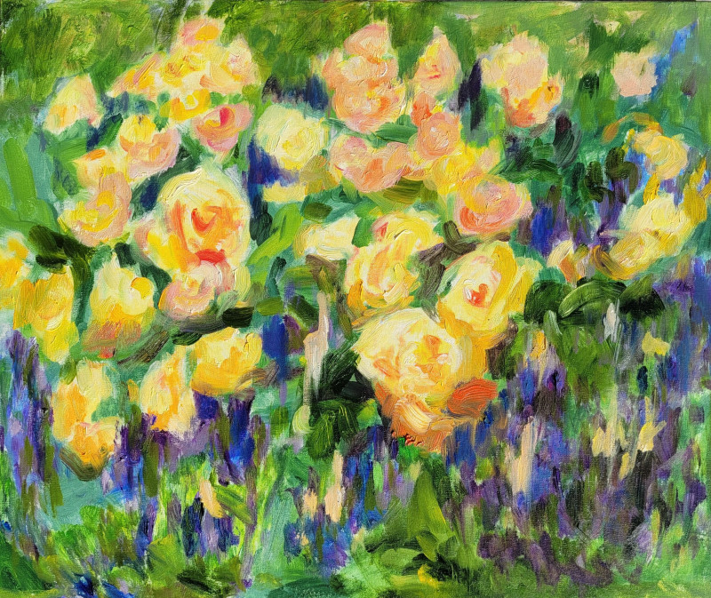 Lavenders in roses original painting by Birutė Ašmonienė. Talk Of Flowers