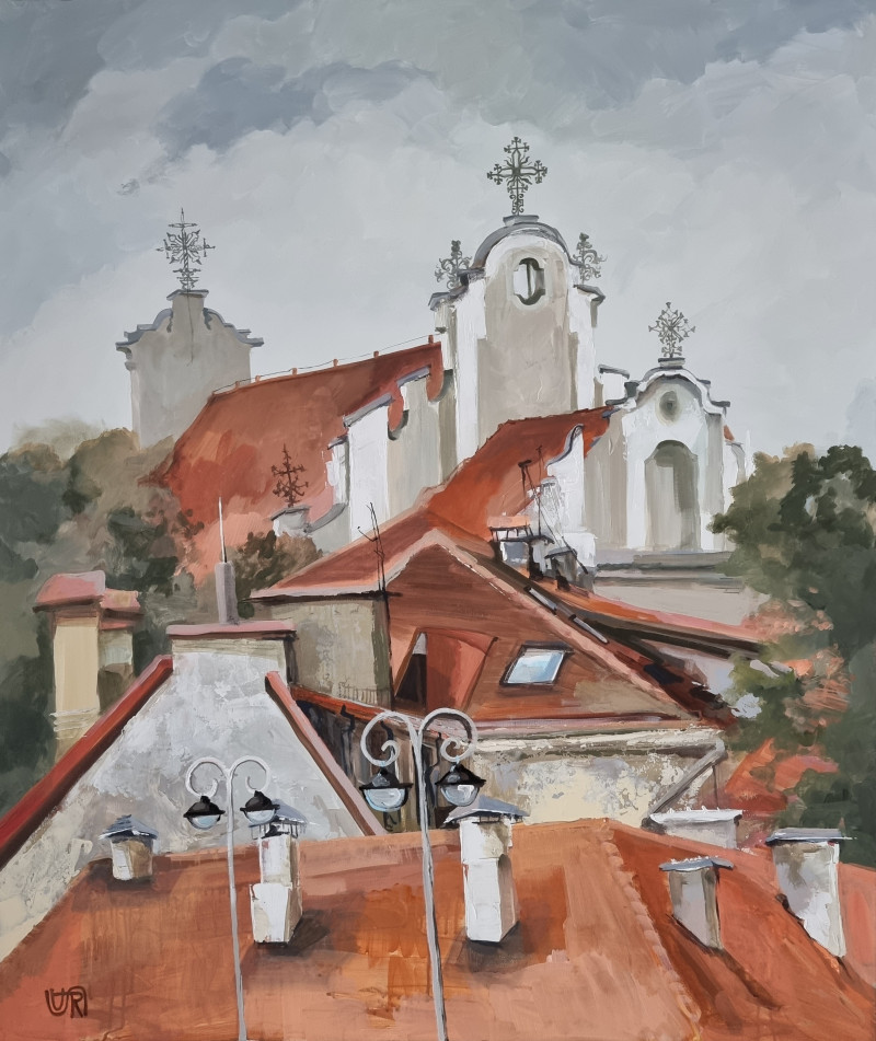 Rasa Tamošiūnienė tapytas paveikslas Vilniaus stogai ir bokštai, Urbanistinė tapyba , paveikslai internetu