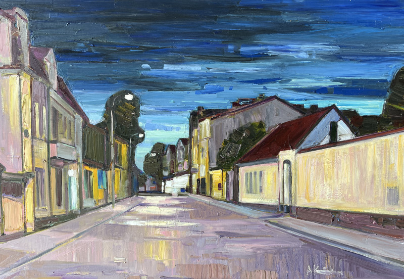 Evening original painting by Arvydas Kašauskas. Urbanistic - Cityscape