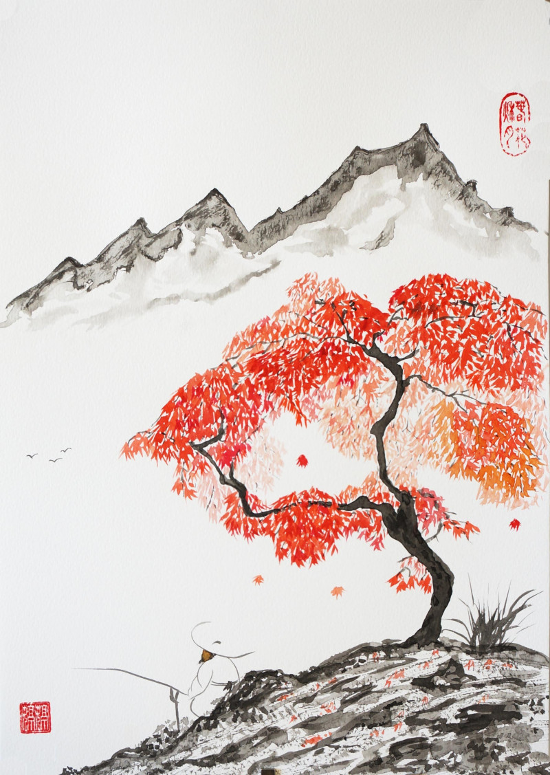 Indrė Beinartė tapytas paveikslas Japoniškas klevas ir žvejys, Peizažai , paveikslai internetu