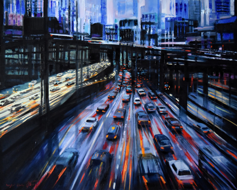 The Noir City original painting by Serghei Ghetiu. Urbanistic - Cityscape