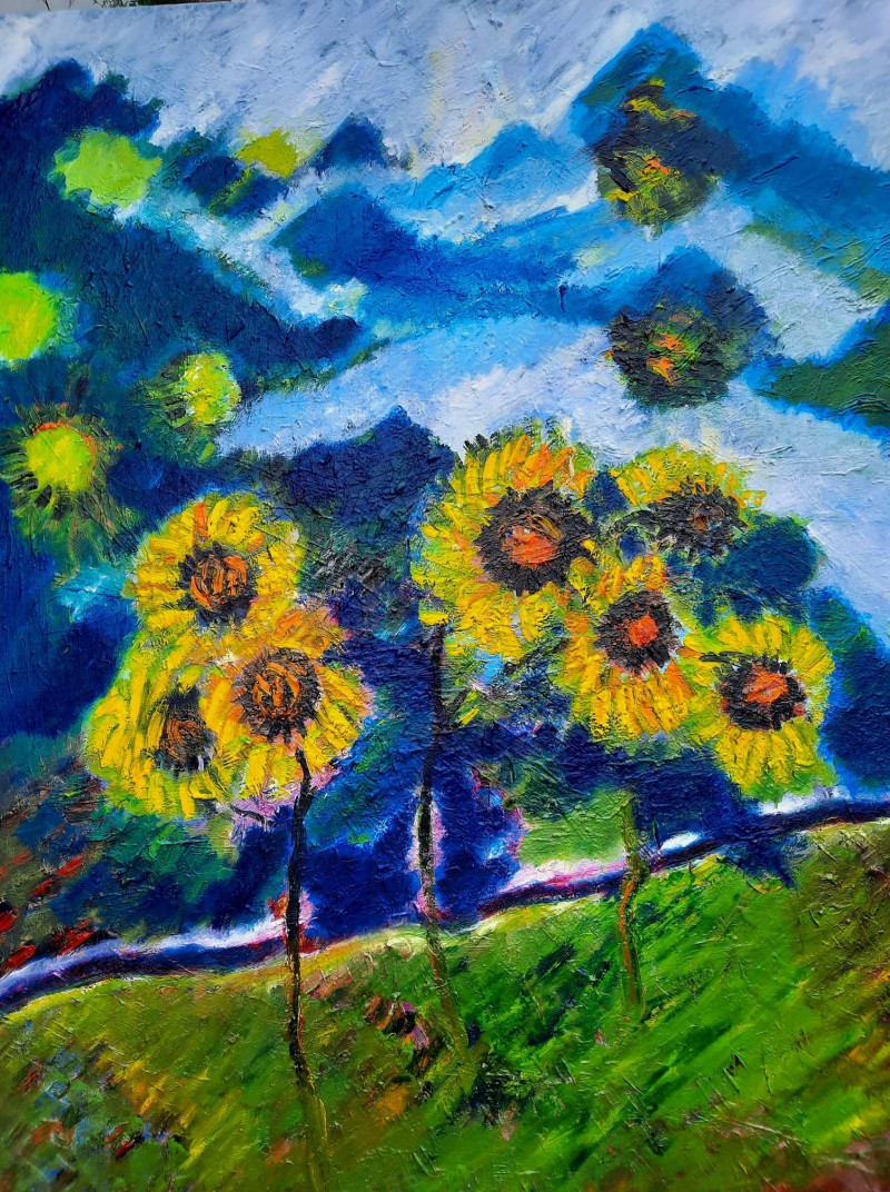 Sunflowers And Mountains original painting by Gitas Markutis. Flowers