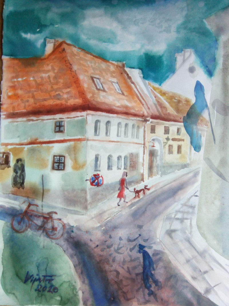 Vilnius before the rain. Gaon Street original painting by Valerija-Vija Tarabildienė. Paintings with Vilnius (Vilnius)