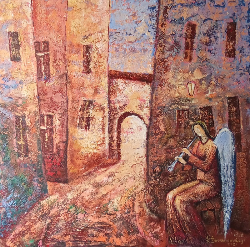 Romas Žmuidzinavičius tapytas paveikslas Miesto muzikantas, Angelų kolekcija , paveikslai internetu