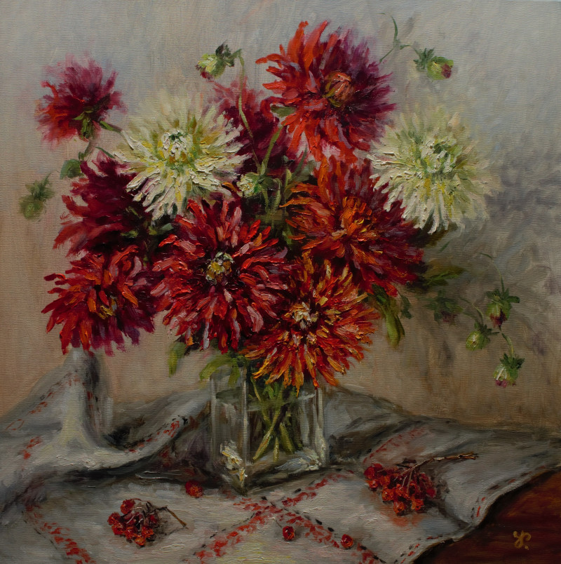 Curly Dahlias original painting by Irma Pažimeckienė. Flowers