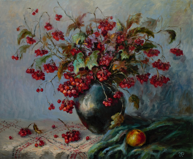 Putins and an apple original painting by Irma Pažimeckienė. Still-Life