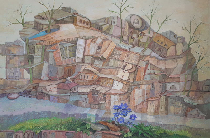 Janina Celiešienė tapytas paveikslas Užburtas miestas, Išlaisvinta fantazija , paveikslai internetu