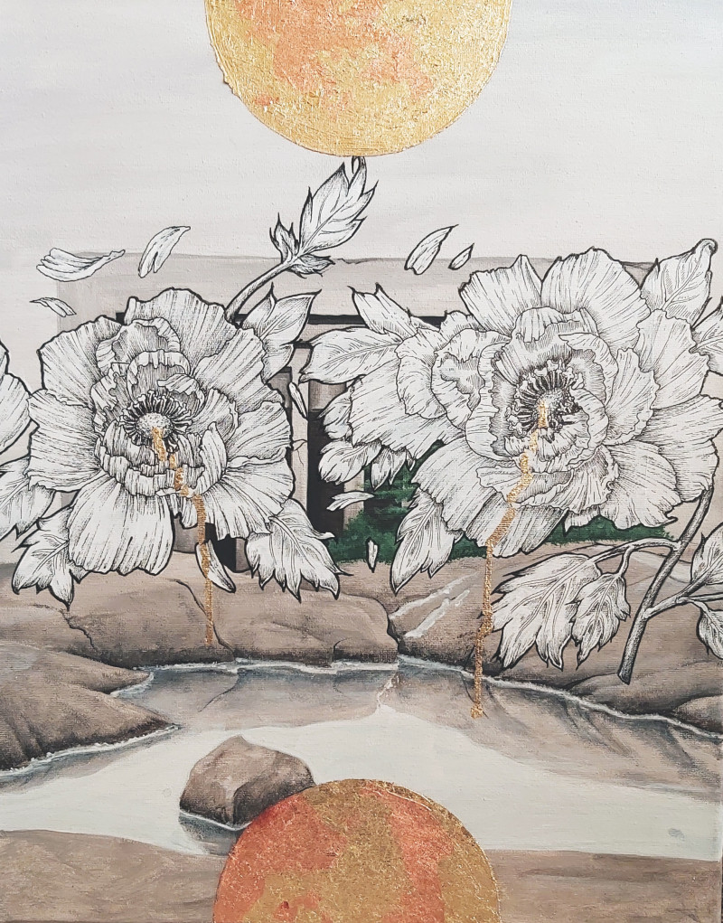 Peony gold original painting by Silvija Pupelytė. Talk Of Flowers