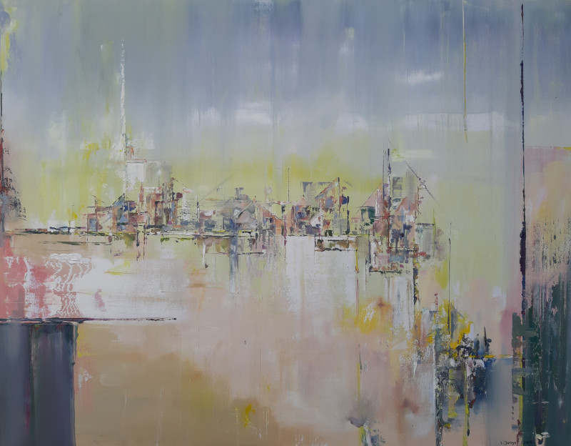 Laima Giedraitienė tapytas paveikslas Saulėtekis mieste, Abstrakti tapyba , paveikslai internetu