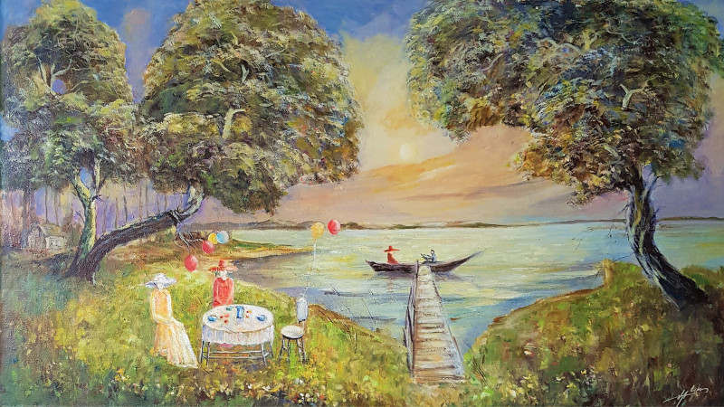 Voldemaras Valius tapytas paveikslas Damų piknikas prie marių, Fantastiniai paveikslai , paveikslai internetu